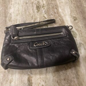 Vintage Coach Black Leather Wristlet with Silver Accents